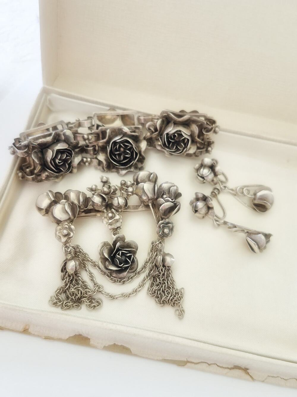 Vintage 1940s Sterling Hobe Rose Floral Bracelet Earring and Brooch Set